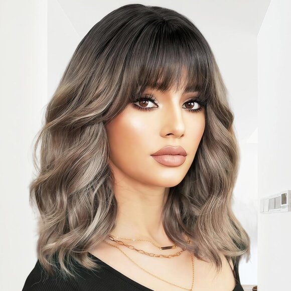 Women's Ombre Brown 14 Inches Short Pastel Curly Shoulder Length Synthetic Wig - Picture 1 of 6